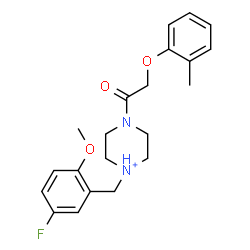 ChemSpider 2D Image | 1-(5-Fluoro-2-methoxybenzyl)-4-[(2-methylphenoxy)acetyl]piperazin-1-ium | C21H26FN2O3