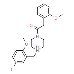 ChemSpider 2D Image | 1-(5-Fluoro-2-methoxybenzyl)-4-[(2-methoxyphenyl)acetyl]piperazin-1-ium | C21H26FN2O3