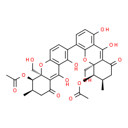 ChemSpider 2D Image | (5R,5'R,6R,6'R,10aR,10a'R)-1,1',9,9'-Tetrahydroxy-10a,10a'-bis(hydroxymethyl)-6,6'-dimethyl-8,8'-dioxo-5,5',7,7',8,8',10a,10a'-octahydro-6H,6'H-2,4'-bixanthene-5,5'-diyl diacetate | C34H34O14