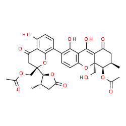 ChemSpider 2D Image | {(2R)-8-[(3R,4R,4aR)-4-Acetoxy-8,9-dihydroxy-4a-(hydroxymethyl)-3-methyl-1-oxo-2,3,4,4a-tetrahydro-1H-xanthen-7-yl]-5-hydroxy-2-[(2S,3S)-3-methyl-5-oxotetrahydro-2-furanyl]-4-oxo-3,4-dihydro-2H-chrome
n-2-yl}methyl acetate | C34H34O14