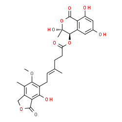 ChemSpider 2D Image | (3R,4R)-3,6,8-Trihydroxy-3-methyl-1-oxo-3,4-dihydro-1H-isochromen-4-yl (4E)-6-(4-hydroxy-6-methoxy-7-methyl-3-oxo-1,3-dihydro-2-benzofuran-5-yl)-4-methyl-4-hexenoate | C27H28O11