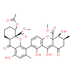 ChemSpider 2D Image | Dimethyl (5S,5'S,6S,8a'S,10aR,10a'R)-5'-acetoxy-1,1',5,9-tetrahydroxy-3',6-dimethyl-8,9'-dioxo-5,5',6,6',7,7',8,8',8a',9'-decahydro-10aH,10a'H-2,4'-bixanthene-10a,10a'-dicarboxylate | C34H34O14
