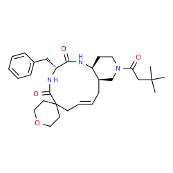 ChemSpider 2D Image | (3'R,8'E,10a'R,14a'S)-3'-Benzyl-12'-(3,3-dimethylbutanoyl)-2,3,3',4',5,6,7',10',10a',11',12',13',14',14a'-tetradecahydro-1'H-spiro[pyran-4,6'-pyrido[4,3-e][1,4]diazacyclododecine]-2',5'-dione | C30H43N3O4