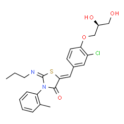 ChemSpider 2D Image | (2E,5Z)-5-{3-Chloro-4-[(2S)-2,3-dihydroxypropoxy]benzylidene}-3-(2-methylphenyl)-2-(propylimino)-1,3-thiazolidin-4-one | C23H25ClN2O4S