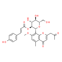 ChemSpider 2D Image | (1R)-1,5-Anhydro-2-O-[(2E)-3-(4-hydroxyphenyl)-2-propenoyl]-1-[7-methoxy-5-methyl-4-oxo-2-(2-oxopropyl)-4H-chromen-8-yl]-L-glucitol | C29H30O11