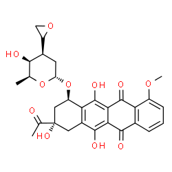 ChemSpider 2D Image | (1R,3S)-3-Acetyl-3,5,12-trihydroxy-10-methoxy-6,11-dioxo-1,2,3,4,6,11-hexahydro-1-tetracenyl (5S)-2,3-dideoxy-5-methyl-3-[(2R)-2-oxiranyl]-beta-D-erythro-pentopyranoside | C29H30O11
