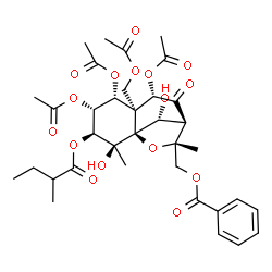 ChemSpider 2D Image | {(1S,2S,3S,4R,5R,6S,7S,9R,10R,12R)-4,5,7-Triacetoxy-6-(acetoxymethyl)-2,12-dihydroxy-2,10-dimethyl-3-[(2-methylbutanoyl)oxy]-8-oxo-11-oxatricyclo[7.2.1.0~1,6~]dodec-10-yl}methyl benzoate | C35H44O16