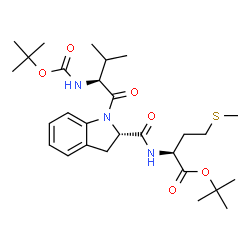 ChemSpider 2D Image | 2-Methyl-2-propanyl (2S)-2-[({(2S)-1-[(2S)-3-methyl-2-({[(2-methyl-2-propanyl)oxy]carbonyl}amino)butanoyl]-2,3-dihydro-1H-indol-2-yl}carbonyl)amino]-4-(methylsulfanyl)butanoate | C28H43N3O6S