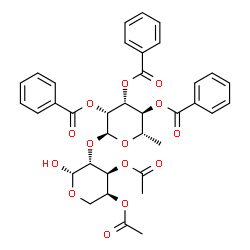 ChemSpider 2D Image | 3,4-Di-O-acetyl-2-O-(2,3,4-tri-O-benzoyl-6-deoxy-alpha-L-mannopyranosyl)-beta-L-arabinopyranose | C36H36O14
