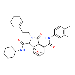 ChemSpider 2D Image | (1R,5R,6R,7S)-N~6~-(3-Chloro-4-methylphenyl)-3-[2-(1-cyclohexen-1-yl)ethyl]-N~2~-cyclohexyl-4-oxo-10-oxa-3-azatricyclo[5.2.1.0~1,5~]dec-8-ene-2,6-dicarboxamide | C31H38ClN3O4