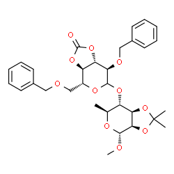 ChemSpider 2D Image | Methyl 6-deoxy-4-O-[2,6-di-O-benzyl-3,4-O-(oxomethylene)-D-glucopyranosyl]-2,3-O-isopropylidene-alpha-L-mannopyranoside | C31H38O11