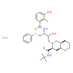 ChemSpider 2D Image | (3S,4aS,8aS)-2-[(2R,3R)-2-Hydroxy-3-[(3-hydroxy-2-methylbenzoyl)amino]-4-(phenylsulfanyl)butyl]-N-(2-methyl-2-propanyl)decahydro-3-isoquinolinecarboxamide hydrochloride (1:1) | C32H46ClN3O4S