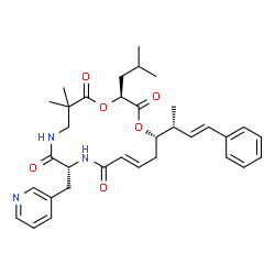 ChemSpider 2D Image | (3S,10R,13E,16S)-3-Isobutyl-6,6-dimethyl-16-[(2R,3E)-4-phenyl-3-buten-2-yl]-10-(3-pyridinylmethyl)-1,4-dioxa-8,11-diazacyclohexadec-13-ene-2,5,9,12-tetrone | C34H43N3O6