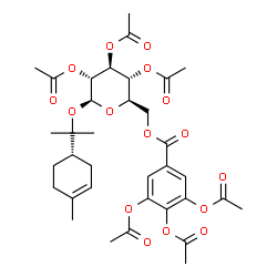 ChemSpider 2D Image | 2-[(1S)-4-Methyl-3-cyclohexen-1-yl]-2-propanyl 2,3,4-tri-O-acetyl-6-O-(3,4,5-triacetoxybenzoyl)-beta-D-glucopyranoside | C35H44O16
