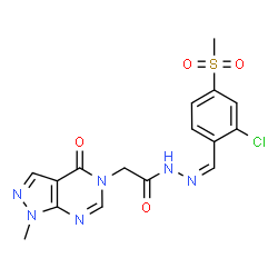 ChemSpider 2D Image | N'-{(Z)-[2-Chloro-4-(methylsulfonyl)phenyl]methylene}-2-(1-methyl-4-oxo-1,4-dihydro-5H-pyrazolo[3,4-d]pyrimidin-5-yl)acetohydrazide | C16H15ClN6O4S