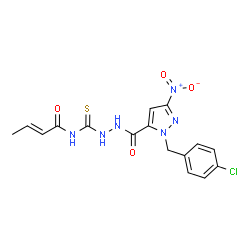 ChemSpider 2D Image | (2E)-N-[(2-{[1-(4-Chlorobenzyl)-3-nitro-1H-pyrazol-5-yl]carbonyl}hydrazino)carbonothioyl]-2-butenamide | C16H15ClN6O4S