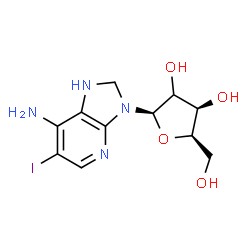 ChemSpider 2D Image | 6-Iodo-3-[(2xi)-beta-D-threo-pentofuranosyl]-2,3-dihydro-1H-imidazo[4,5-b]pyridin-7-amine | C11H15IN4O4