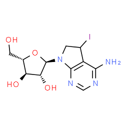 ChemSpider 2D Image | 7-(alpha-L-Arabinofuranosyl)-5-iodo-6,7-dihydro-5H-pyrrolo[2,3-d]pyrimidin-4-amine | C11H15IN4O4
