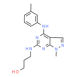ChemSpider 2D Image | 3-({1-Methyl-4-[(3-methylphenyl)amino]-1H-pyrazolo[3,4-d]pyrimidin-6-yl}amino)-1-propanol | C16H20N6O