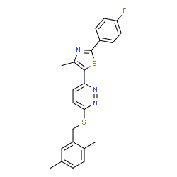 ChemSpider 2D Image | 3-[(2,5-Dimethylbenzyl)sulfanyl]-6-[2-(4-fluorophenyl)-4-methyl-1,3-thiazol-5-yl]pyridazine | C23H20FN3S2