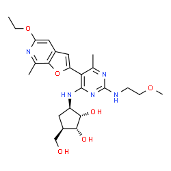 ChemSpider 2D Image | (1R,2S,3R,5R)-3-({5-(5-Ethoxy-7-methylfuro[2,3-c]pyridin-2-yl)-2-[(2-methoxyethyl)amino]-6-methyl-4-pyrimidinyl}amino)-5-(hydroxymethyl)-1,2-cyclopentanediol | C24H33N5O6
