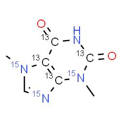 ChemSpider 2D Image | 3,7-Dimethyl(2,4,5,6-~13~C_4_,3,7,9-~15~N_3_)-3,7-dihydro-1H-purine-2,6-dione | C313C4H8N15N3O2