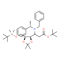 ChemSpider 2D Image | 2-Methyl-2-propanyl 3-{benzyl[(1S)-1-phenylethyl]amino}-2,3-dideoxy-6-O-[dimethyl(2-methyl-2-propanyl)silyl]-4,5-O-isopropylidene-L-arabino-hexonate | C34H53NO5Si
