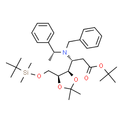ChemSpider 2D Image | 2-Methyl-2-propanyl 3-{benzyl[(1R)-1-phenylethyl]amino}-2,3-dideoxy-6-O-[dimethyl(2-methyl-2-propanyl)silyl]-4,5-O-isopropylidene-L-ribo-hexonate | C34H53NO5Si