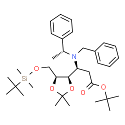 ChemSpider 2D Image | 2-Methyl-2-propanyl 3-{benzyl[(1R)-1-phenylethyl]amino}-2,3-dideoxy-6-O-[dimethyl(2-methyl-2-propanyl)silyl]-4,5-O-isopropylidene-L-arabino-hexonate | C34H53NO5Si