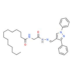 ChemSpider 2D Image | N-(2-{(2E)-2-[(1,3-Diphenyl-1H-pyrazol-4-yl)methylene]hydrazino}-2-oxoethyl)tetradecanamide (non-preferred name) | C32H43N5O2