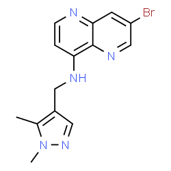 ChemSpider 2D Image | 7-Bromo-N-[(1,5-dimethyl-1H-pyrazol-4-yl)methyl]-1,5-naphthyridin-4-amine | C14H14BrN5