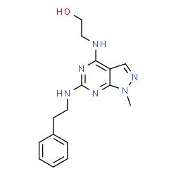 ChemSpider 2D Image | 2-({1-Methyl-6-[(2-phenylethyl)amino]-1H-pyrazolo[3,4-d]pyrimidin-4-yl}amino)ethanol | C16H20N6O