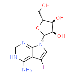 ChemSpider 2D Image | 5-Iodo-7-(beta-D-ribofuranosyl)-3,7-dihydro-2H-pyrrolo[2,3-d]pyrimidin-4-amine | C11H15IN4O4