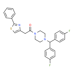 ChemSpider 2D Image | 1-{4-[Bis(4-fluorophenyl)methyl]-1-piperazinyl}-2-(2-phenyl-1,3-thiazol-4-yl)ethanone | C28H25F2N3OS